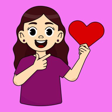 Gülümseyen, işaret eden ve kırmızı kalp ikonunu tutan kız