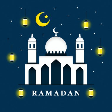 Ramazan için siyah kart. Beyaz cami ve parlak fenerler. Vektör illüstrasyonu