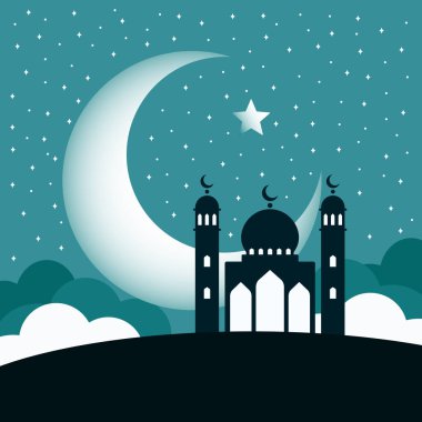 Caminin silueti bulutlarla, geceyle ve hilal ay ve yıldızlarla çevrili.