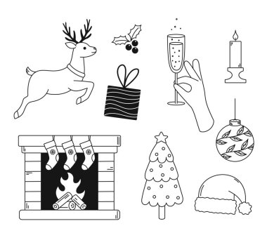 Geyik, şöminede Noel çorapları. Bir bardak şampanyayı el ele tutuşarak. Çizgi koleksiyonu, ikonlar. Siyah ve beyaz doğrusal çizimler