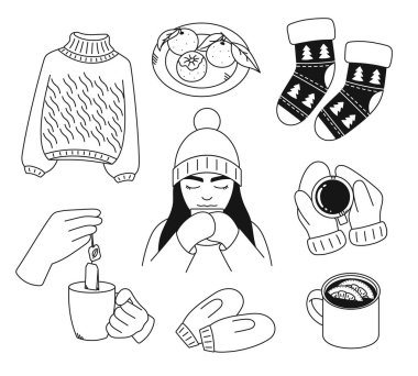 Kışın rahatlık ve sıcaklığın toplanması. Doğrusal çizimler