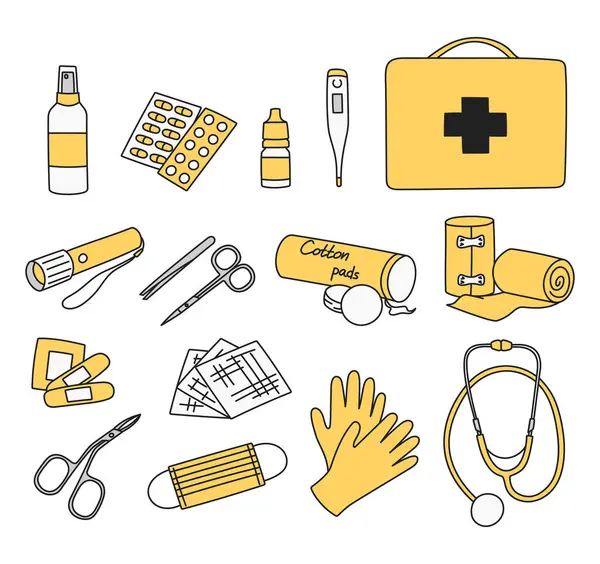 Tıbbi ekipmanlı ilk yardım çantası. Tıbbi malzemeler, ilaçlar, haplar, termometre