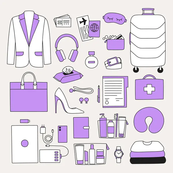 Kadın seyahat kiti. İş, iş gezisi konsepti. Kıyafet, parfüm, aksesuar, belge, takım elbise, alet, cüzdan, kartvizit vs..