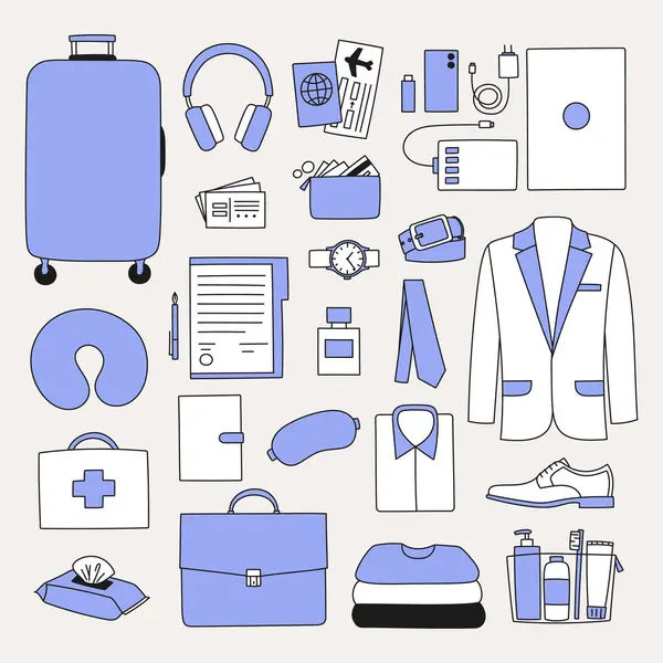 Erkek seyahat kiti. İş, iş gezisi konsepti. Pasaport, kıyafet, belge, takım elbise, alet edevat, cüzdan, ayakkabı, kartvizit vs..