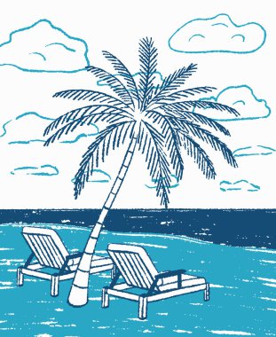 Plaj sandalyesi, palmiye ağacı, plaj. Pastel dokulu vektör çizimi. Pastel mavi renk çizimleri