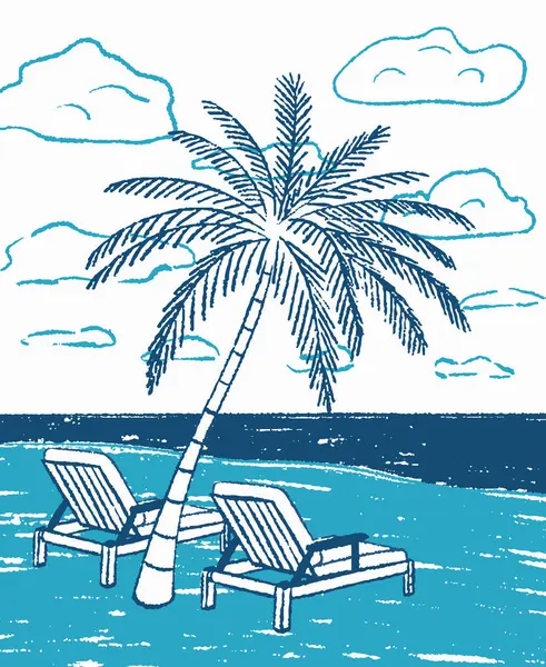 Plaj sandalyesi, palmiye ağacı, plaj. Pastel dokulu vektör çizimi. Pastel mavi renk çizimleri