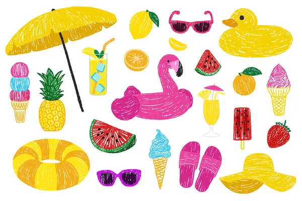 Yaz plajı. Şişme daire, dondurma, meyve, kokteyl, plaj şemsiyesi. Pastel çizimler. Pastel dokuya sahip vektör çizimleri