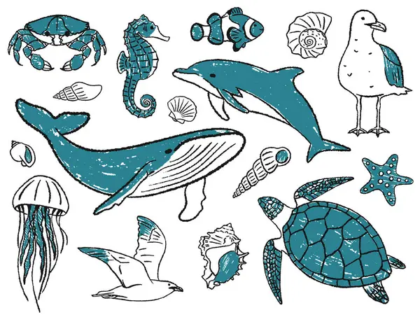 Deniz ve okyanus hayvanları koleksiyonu. Pastel çizim. Pastel dokulu vektör çizimi. Asgari