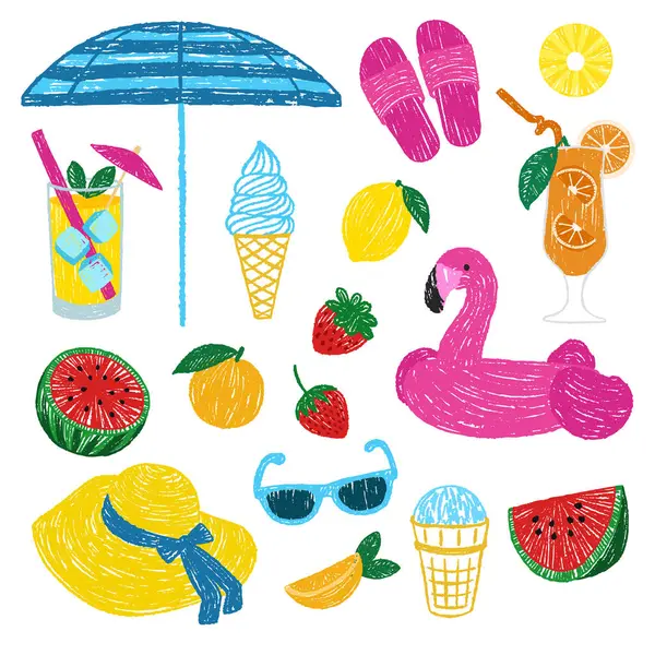Yaz plajı. Flamingo şişme daire, karpuz, plaj şemsiyesi, şapka. Pastel çizimler. Pastel desenli vektör illüstrasyonu