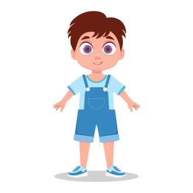 Mavi tulumlu, sevimli bir çocuk gülümsüyor..