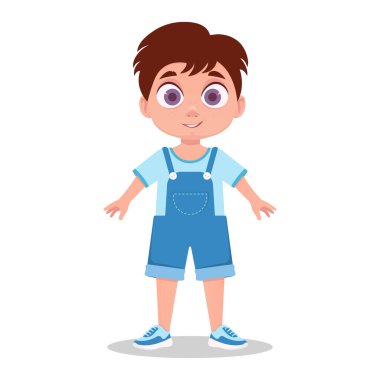 A cute boy is smiling, wearing a blue jumpsuit. clipart