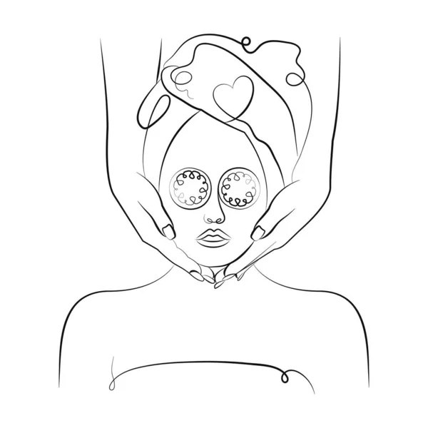 Chica Cuida Cara Cuidado Facial Dibujo Una Línea Arte Línea — Vector de stock