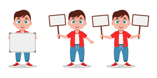 stock vector A set of boys, holding a sign in their hands, without an inscription. Vector illustration...