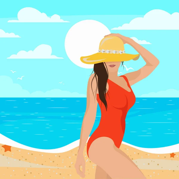 Meisje Het Strand Zonnebaden Vector Illustratie — Stockvector