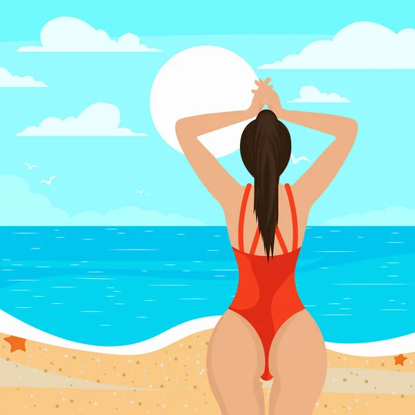 Ragazza Sulla Spiaggia Prendere Sole Illustrazione Vettoriale — Vettoriale Stock