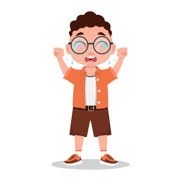 stock vector A cute boy is crying, a boy with glasses. Vector illustration