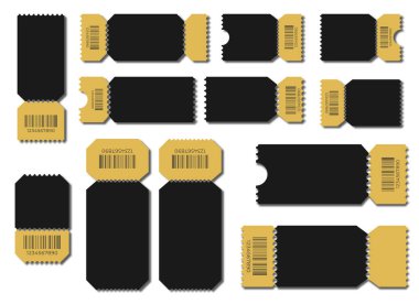 Biletler, altın biletler. Vektör kuponu. Bilet şablonu.