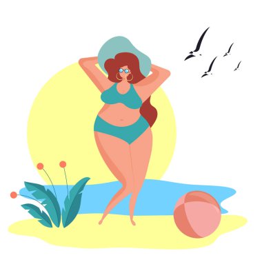 Düz stil, güneş banyosu yapan kız. Soyut arkaplan bırakır.