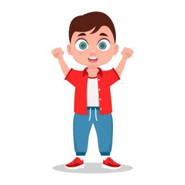 Sevimli çocuk seviniyor, eller havaya, okul çocuğu, çocuk. Vektör illüstrasyonu