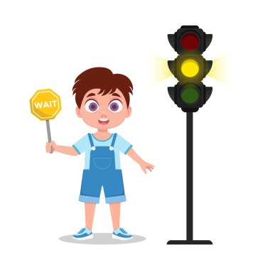 Bekleme tabelası olan bir öğrenci. Trafik ışığı sarı bir sinyal gösteriyor. Vektör illüstrasyonu