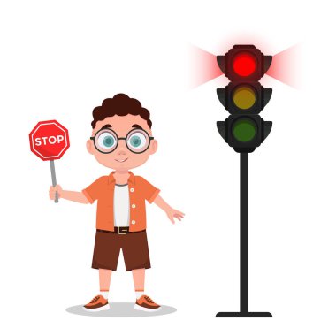 Dur işaretli çocuk. Trafik ışığı kırmızı ışık gösteriyor. Vektör illüstrasyonu