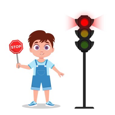 Dur işaretli çocuk. Trafik ışığı kırmızı ışığı gösteriyor..