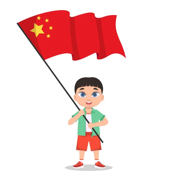 Menino Está Segurando Bandeira China — Vetor de Stock