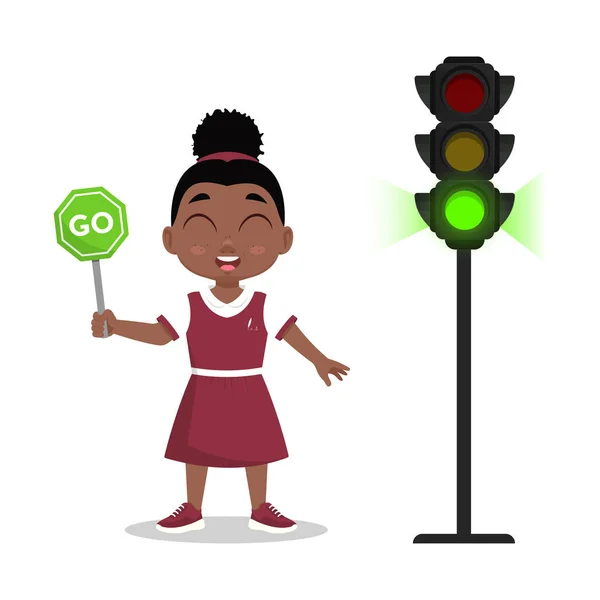 Gyermek Egy Jel Hogy Menjen Közlekedési Lámpa Zöld Jelzést Mutat — Stock Vector