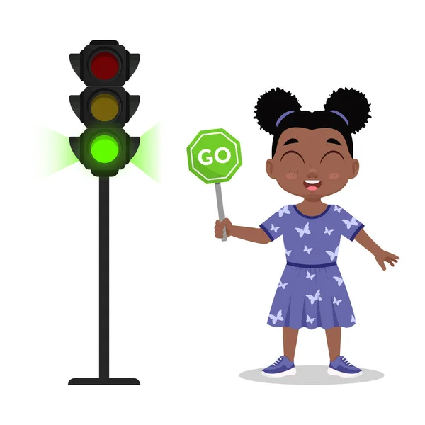 Lány Egy Jel Hogy Menjen Közlekedési Lámpa Zöld Jelzést Mutat — Stock Vector