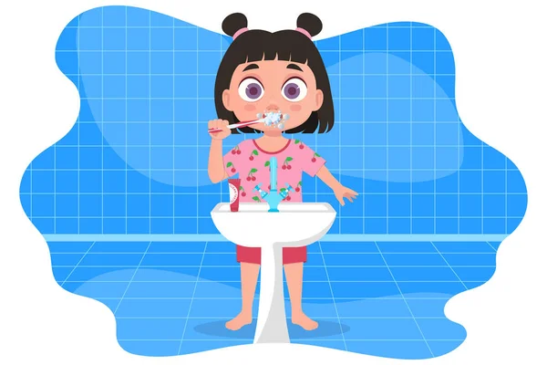 Pijamalı Bir Kız Banyoda Dişlerini Fırçalıyor — Stok Vektör
