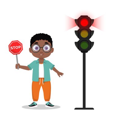Yol tabelası olan bir çocuk. Trafik ışığı kırmızı ışığı gösteriyor..
