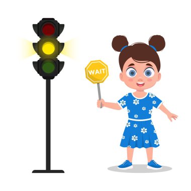 Çocuğun elinde beklemek için bir işaret var Trafik ışığı sarı bir sinyal gösteriyor.