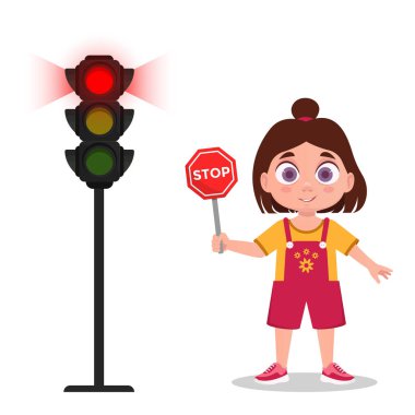 Dur işaretli çocuk. Trafik ışığı kırmızı ışığı gösteriyor..