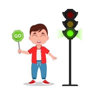 Çocuğun elinde bir işaret var. Trafik ışığı yeşil ışık gösteriyor. Vektör illüstrasyonu