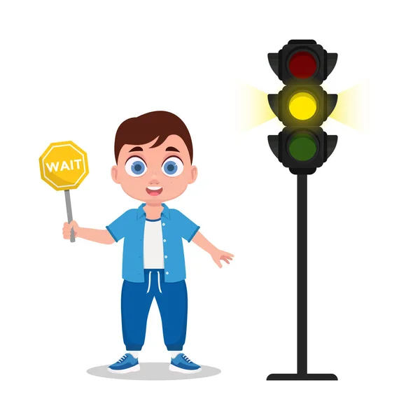 一个有等候标志的学童 红绿灯显示黄色的信号 — 图库矢量图片