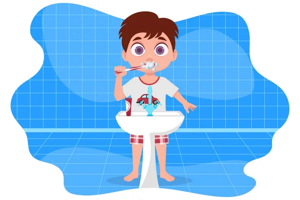 Kırmızı Pijamalı Çocuk Banyoda Dişlerini Fırçalıyor — Stok Vektör