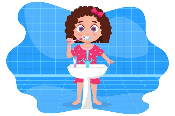 Enfant Pyjama Brossant Les Dents Dans Salle Bain — Image vectorielle