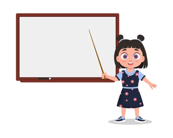 Child Stands Pointer Blackboard — Stock Vector