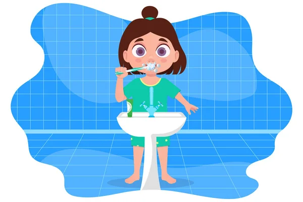 Dziecko Piżamie Myjące Zęby Łazience Ilustracja Wektora — Wektor stockowy