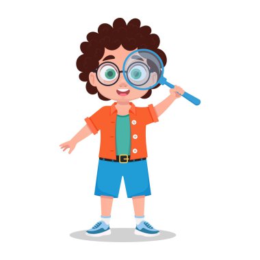 Tatlı çocuk büyüteçten bakar, çocuk dünyayı keşfeder.