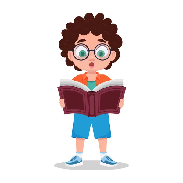 Χαριτωμένο Αγόρι Ξαφνιάζεται Όταν Διαβάζει Ένα Βιβλίο — Διανυσματικό Αρχείο