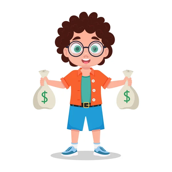 stock vector Cute boy with bags of money