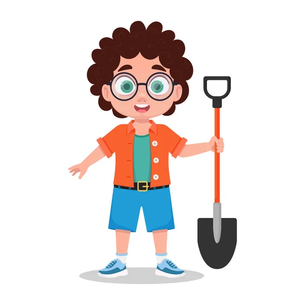 stock vector A child with a shovel in his hand, a child farmer