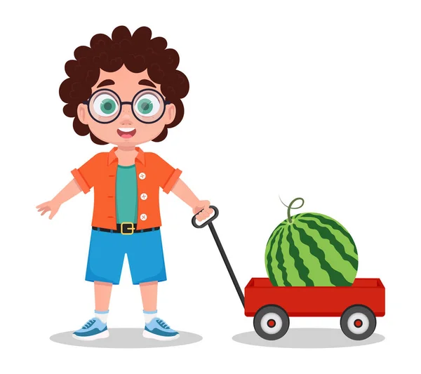 Leuke Jongen Met Karretje Watermeloen — Stockvector