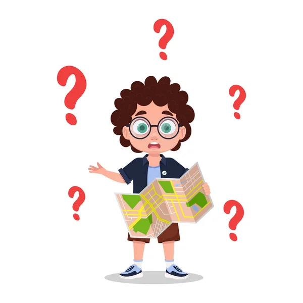 stock vector The child is lost, a boy with a map in his hands