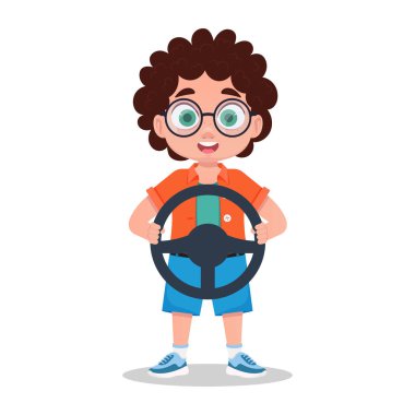 Elinde direksiyonla oynayan tatlı bir çocuk.