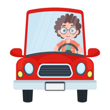 Kırmızı bir araba süren sevimli bir çocuk. Vektör illüstrasyonu
