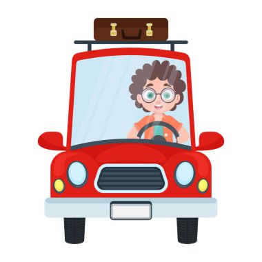 Çocuk kırmızı bir araba kullanıyor, araba sürüyor.