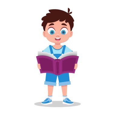 Kitap okuyan sevimli bir çocuk, vektör çizimi