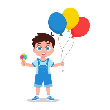 Elinde dondurma ve topları olan tatlı bir çocuk.